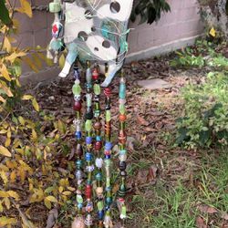 Bohemian Porcelain Cow Wind Chime with Green Fairy Lights, Glass Beads & Bells Sun Catcher Mobile