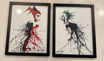 The Joker x Harley Quinn Splatter Art with Black Picture Frames (15in x 12in) - 2 individual items