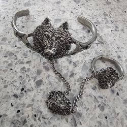 Pewter 3D Wolf Slave Cuff Bracelet With Chain And Ring Attachment Adjustable