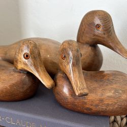 Vintage LOT 3- Antique Decoys Hand Carved Solid Wood Duck Primitive MCM Mallard Signed ALL Sculpture Statues 