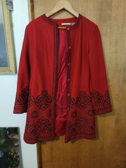 Peter Nygard Red Wool/Rayon Blend Women's Coat w/ Black Embroidery