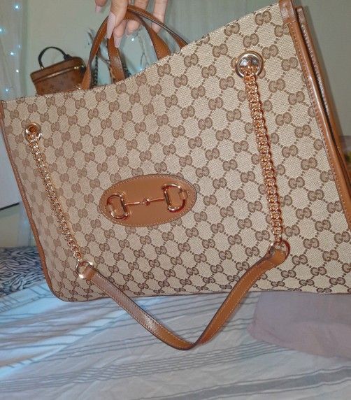  GUCCI Horsebit GG Supreme Monogram Canvas Large Top Handle Tote Bag