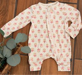 Cream Floral-Print Zipper Baby One-Piece