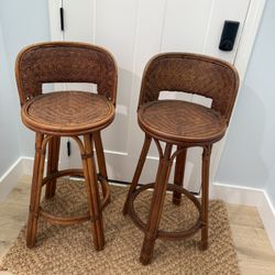 Vintage Coastal Woven Rattan Bar Stools Set Of 2