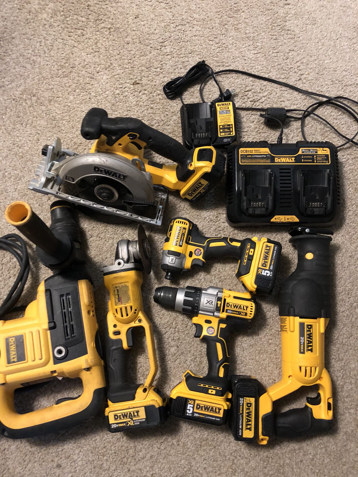 dewalt combo kit: rotary hammer drill, brushless impact , brushless hummer drill, saw zall , circular wood saw , grinder, double charging charger w