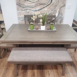 Beautiful 6 Pc  Gray Dining Set With Bench (New)