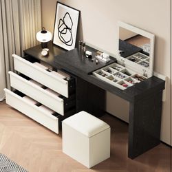 Extendable Makeup Vanity with Mirror & Stool