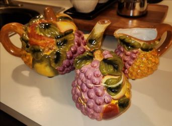 REDUCED PRICE- Vintage Style-Eyes by Baum Bros,  Porcelain Fruit Embossed Large, 3D Teapot Set