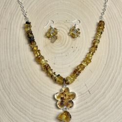 Set Of Necklace And Earrings With Authentic Amber From Chiapas 