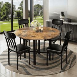 Round Dining Table Set for 4,Wood Round Kitchen Table and Chairs Set for 4,Modern Dining Room Table Set with 4 Faux Leather Chairs,Round D