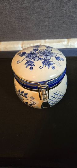 Blue and White Ceramic Canister with Lid