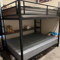 Metal Bunk Bed Full Over Full With Shelve. 