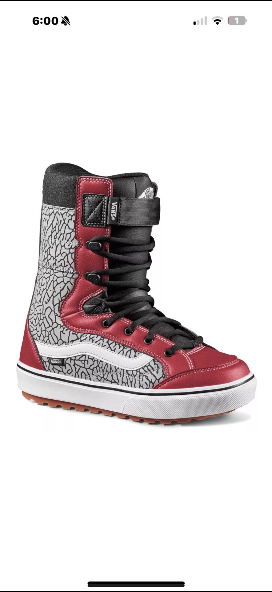 Vans Hi-Standard Linerless DX Snowboard Boots in a red and black colorway featuring an elephant print design. 