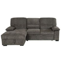 Brand new 102" x 65" gray linen sofa pullout with storage chaise