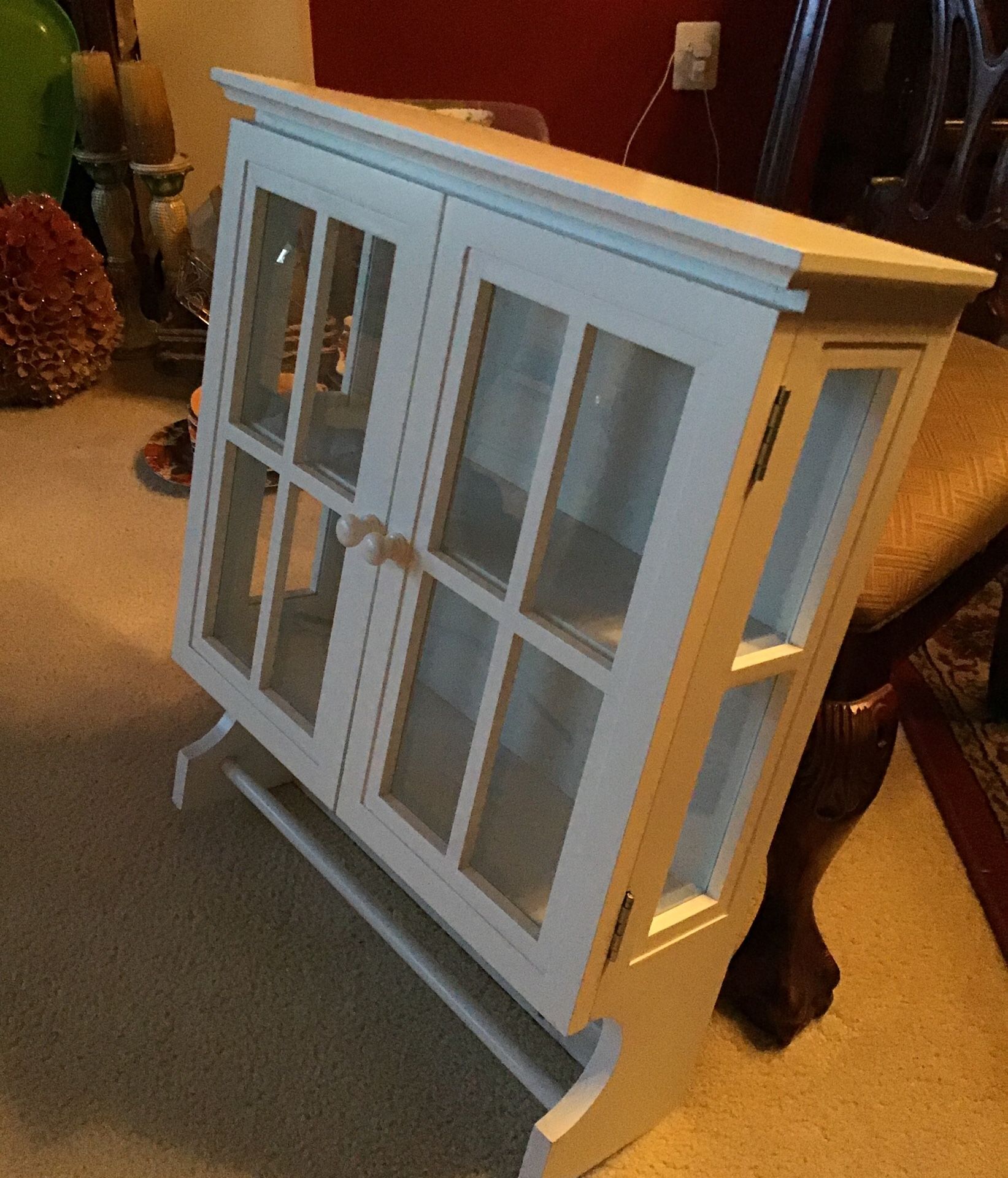 Pottery Barn White Wood Bathroom Wall Cabinet with Towel Bar and Glass Doors