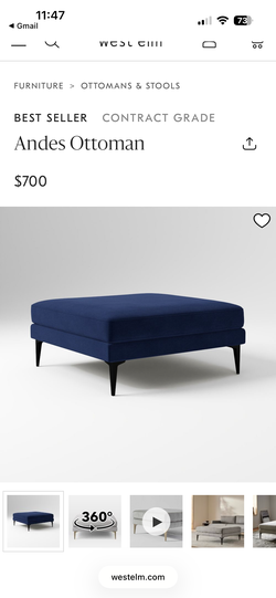 West Elm Andes Ottoman Blue Velvet
