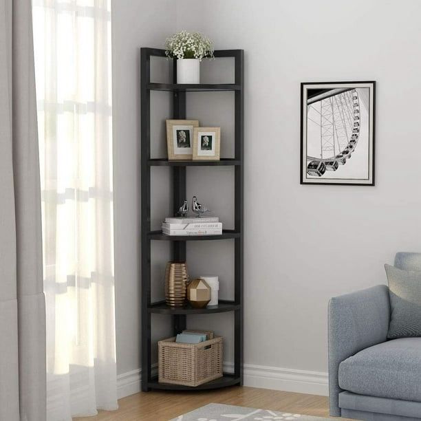 Corner Shelf stand,5 Tier Corner Bookshelf small Bookcase Plant Stand,Industrial Corner Storage Rack for Living Room Home Office Kitchen (Black)
