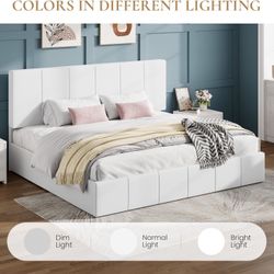 King Size Bed Frame, Velvet Upholstered Platform Bed, Vertical Channel Tufted Adjustable Headboard, Low Profile Bed Frame, No Box Spring Needed, Easy 