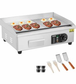 106#Commercial Electric Griddle, 1600W Countertop Half-Flat Top Grill, 22in Stainless Steel Griddle Grill with 2 Shovels and 2 Brushes for Home or Res