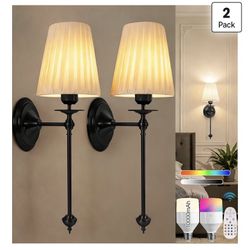 Yollzey Battery Operated Wall Sconces Set of 2 10000mAh, 12 RGB Cordless Dimmable Wall Sconces Set of 2 Fabric Shade
