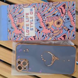 iPhone 14 Plus Case Dark Blue Gold Heart Rhinestone Love Diamond