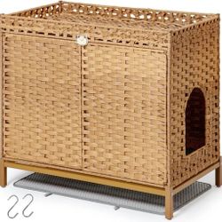 Cat Litter Box Enclosure Furniture, Hidden Handwoven Rattan Litter Box with Mat, Large Cat House with Metal Heightened Feet, 30.3 x 18.3 x 28 Inches, 