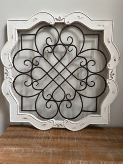 Large Square Metal Scrollwork Wall Decor with Distressed White Frame
