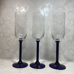 Vintage  3x Dark Blue Champagne Flutes 