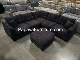 New! Corduroy Black Sectional And Ottoman, Sectional Sofa, Black Couch, Black Sofa, Sectional And Ottoman, Plush Sectional Couch, L-Shaped Sofa Couch