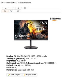 AOPEN 25XV2Q LED Gaming Monitor 24.5" Full HD 390Hz AMD FreeSync HDR