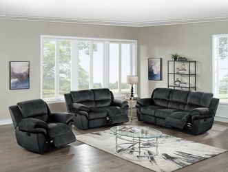 Brand new black fabric reclining sofa + loveseat + chair 3PCs set