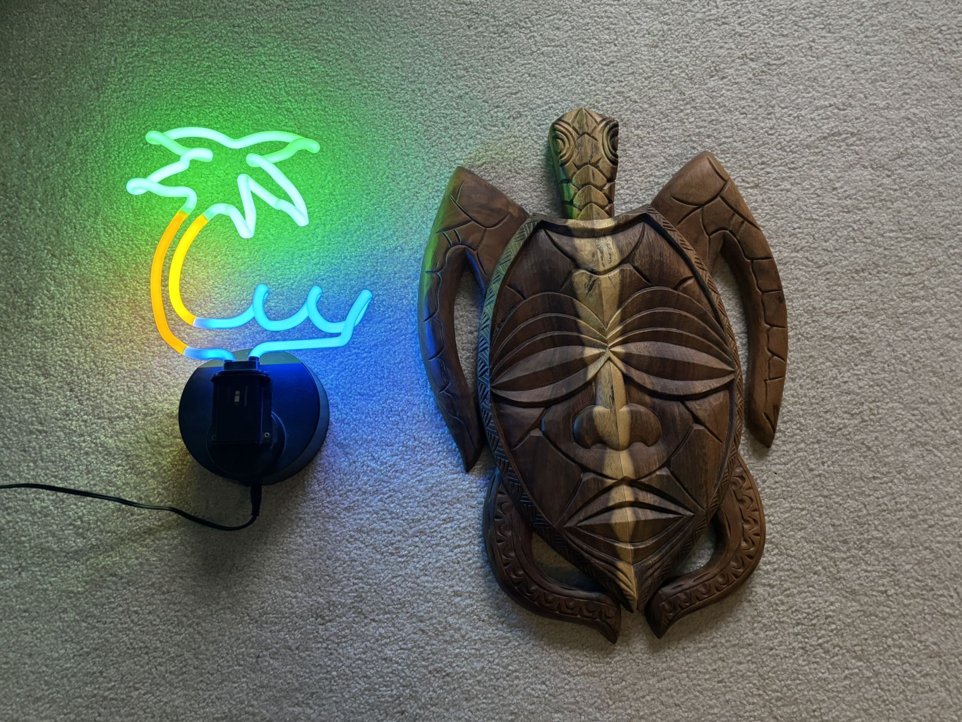 Turtle / Tiki Wood Carving And Neon Palm Tree Light Combo