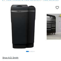 This item is an A.O. Smith 45,000-grain water softener system. It is designed to reduce water hardness by removing calcium and magnesium. The package 