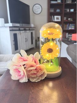 🌻 Beautiful Sunflower Glass Lamp w/ Fairy Lights