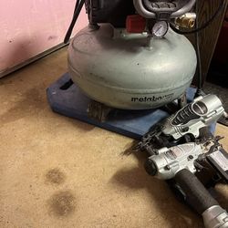 Metabo Air Compressor With Nail Guns And Hoses