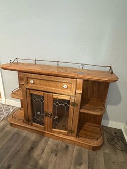 Oak Wood Cabinet with Leaded Glass Doors