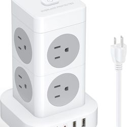 Power Strip Tower with USB, 8 Widely Spaced Outlets 4 USB Ports (1 Type C and 3 USB Slots) with 6.5FT Extension Cord Multi Plug Extender Overload Prot