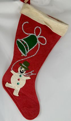 Vintage Felt Christmas Stocking Homemade 1960s Sequins Red Glitter Dancing Snowman 