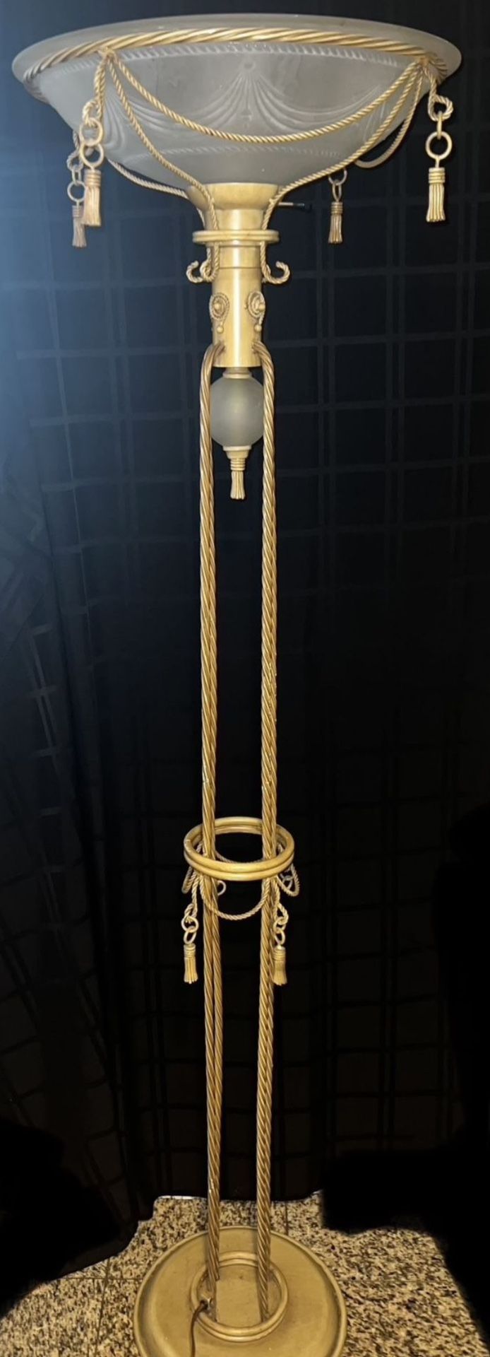 Elegant Neoclassical/Hollywood Regency-Style Torchiere Floor Lamp Frosted Glass Bowl, Tassels, Twisted Rope