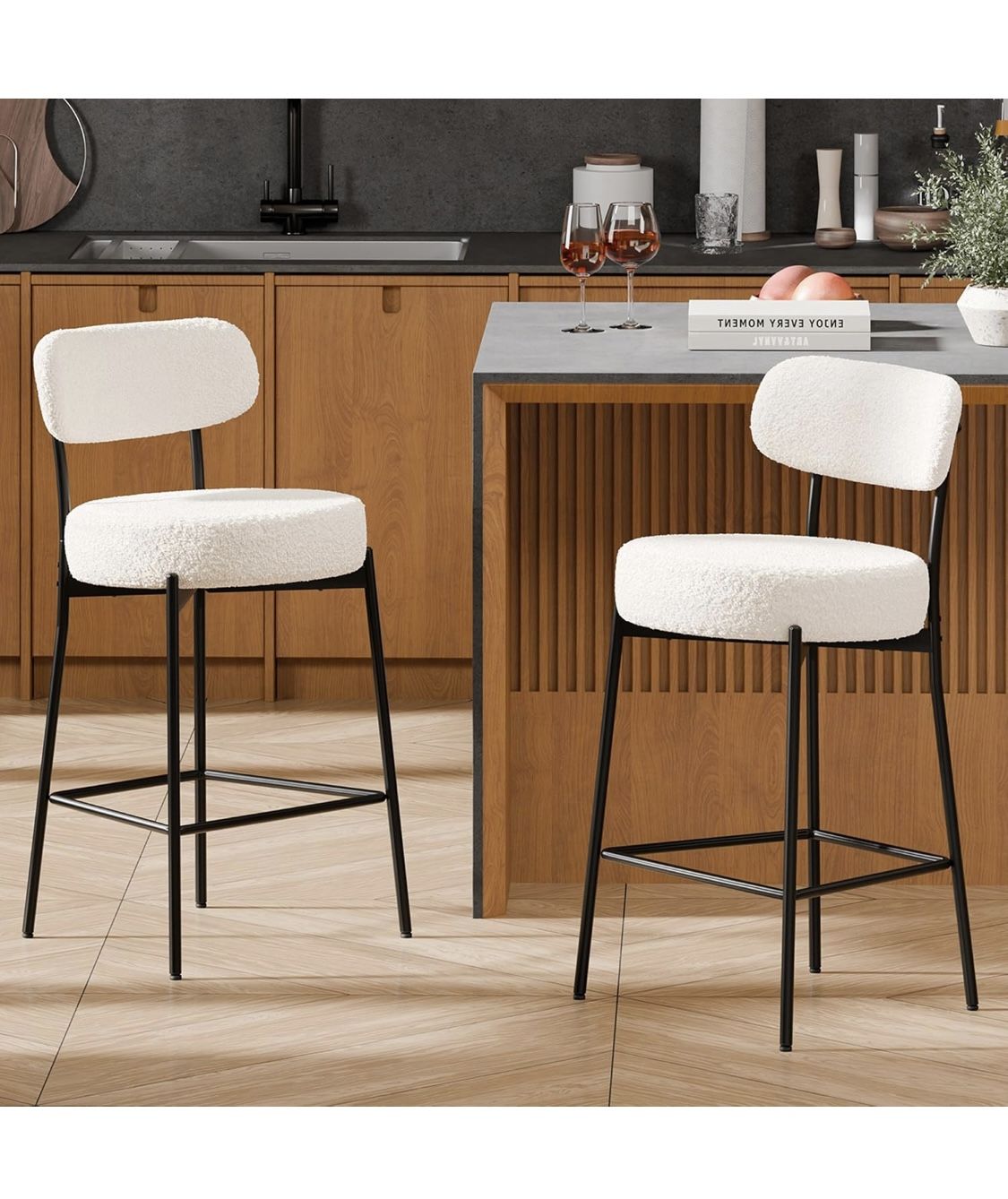 DYHOME Bar Stools Set of 2, 24 Inches Modern Counter Height Bar Stools with Curved Back Metal Legs, White Upholstered Boucle Barstools for Kitchen Isl