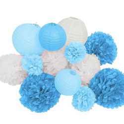 Brand new 13pcs decorative paper pom pom lantern for wedding birthday baby shower graduation meeting event party decoration (BLUE WHITE)