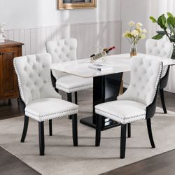 Modern, High-end Tufted Solid Wood Contemporary PU and Velvet Upholstered Dining Chair with Wood Legs Nailhead Trim 4 Pcs Set,White+Black
