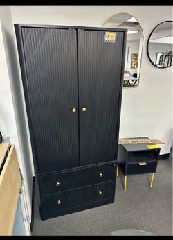 New 66"x30" Black Wooden Wardrobe Closet Cabinet w/ Hanging Rod dresser