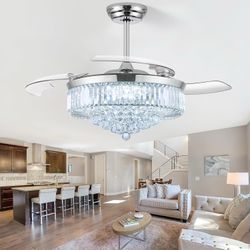 Deliyfans 48 Inch Fandelier Ceiling Fans With Light, Chandelier Ceiling Fan, Retractable Ceiling Fan For Bedroom, Living Room, 3 Color Change, LED Dim