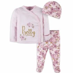 GERBER newborn 3pc baby girl set: Long Sleeve Snap Shirt, Footed Pants and Cap