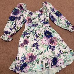 Knew large floral purple short ruffle poof sleeve boho dress