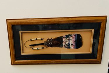 Native American-S.West-signed-hand painted on lg feather-beads-bone-WOLF-framed