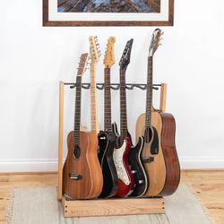 Multiple Guitar Rack Stand - Solid Oak Wooden Guitar Stand Multiple Guitars - 5 Multi Guitar Stand Rack - Fits Acoustic, Electric, Bass Guitars - Guit