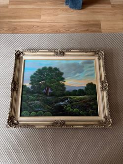 Large Framed Landscape Oil Painting – Oak Tree & Stream ("Terri Ann")