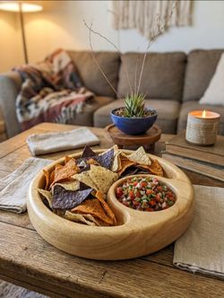 Crate & Barrel Wooden Chip And Dip Bowl 12" Wide X 2" Deep Made In Thailand Solid Wood